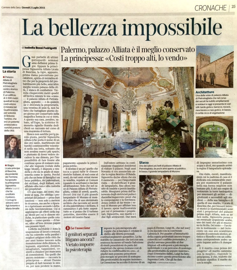 l'articolo La bellezza impossibile del Corriere della Sera sul Palazzo Alliata di Palermo